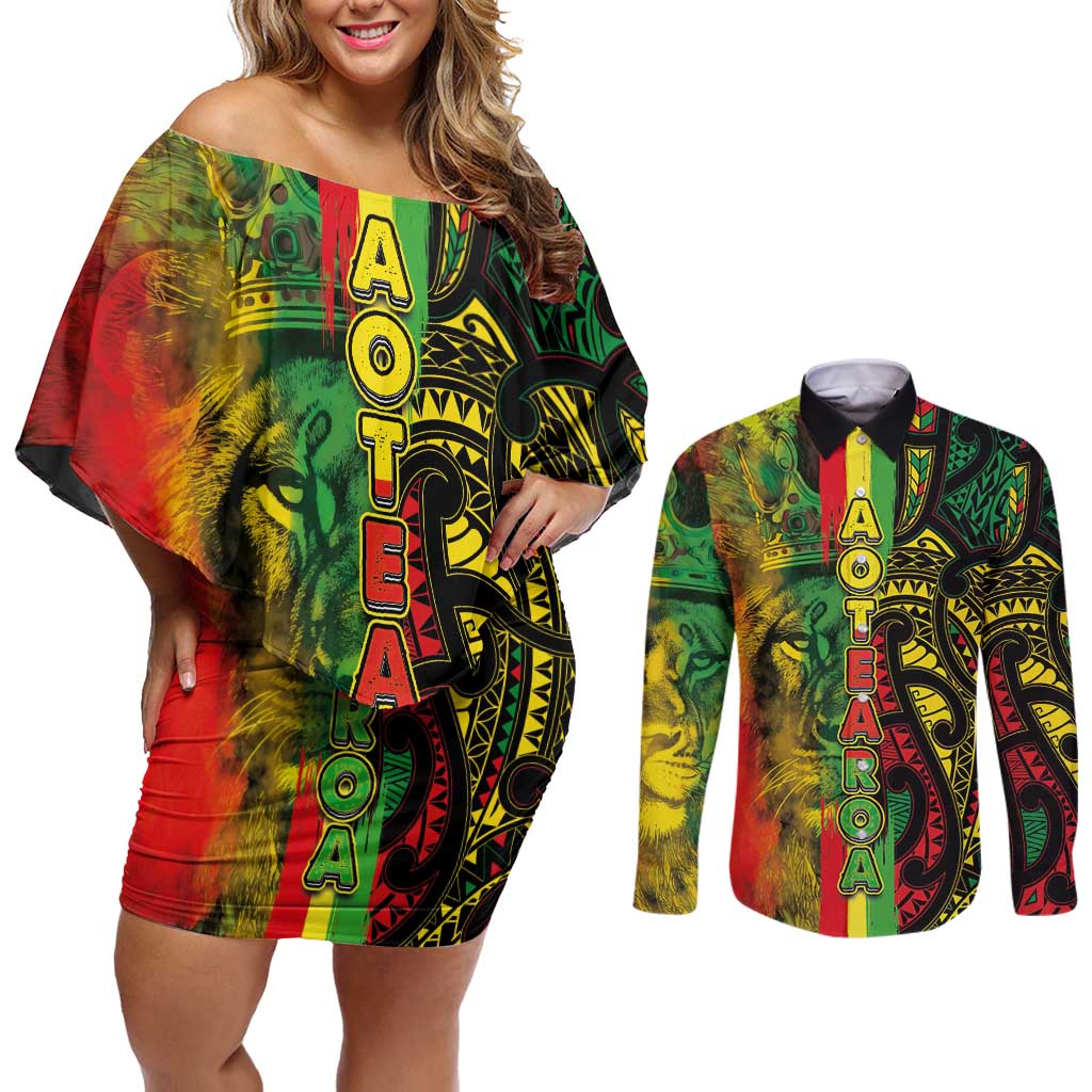 Aotearoa Reggae Couples Matching Off Shoulder Short Dress and Long Sleeve Button Shirt Maori Reggae-One Love LT03 Reggae - Polynesian Pride