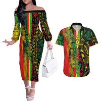 Aotearoa Reggae Couples Matching Off The Shoulder Long Sleeve Dress and Hawaiian Shirt Maori Reggae-One Love LT03 Reggae - Polynesian Pride