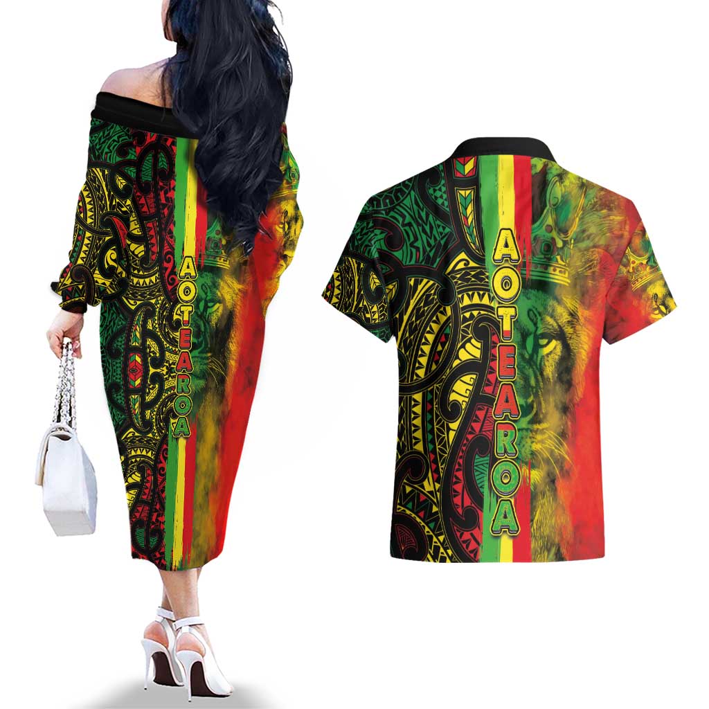 Aotearoa Reggae Couples Matching Off The Shoulder Long Sleeve Dress and Hawaiian Shirt Maori Reggae-One Love LT03 - Polynesian Pride
