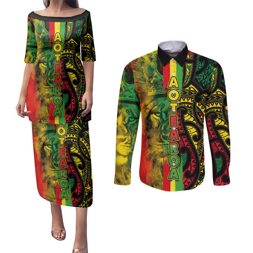 Aotearoa Reggae Couples Matching Puletasi and Long Sleeve Button Shirt Maori Reggae-One Love LT03 Reggae - Polynesian Pride