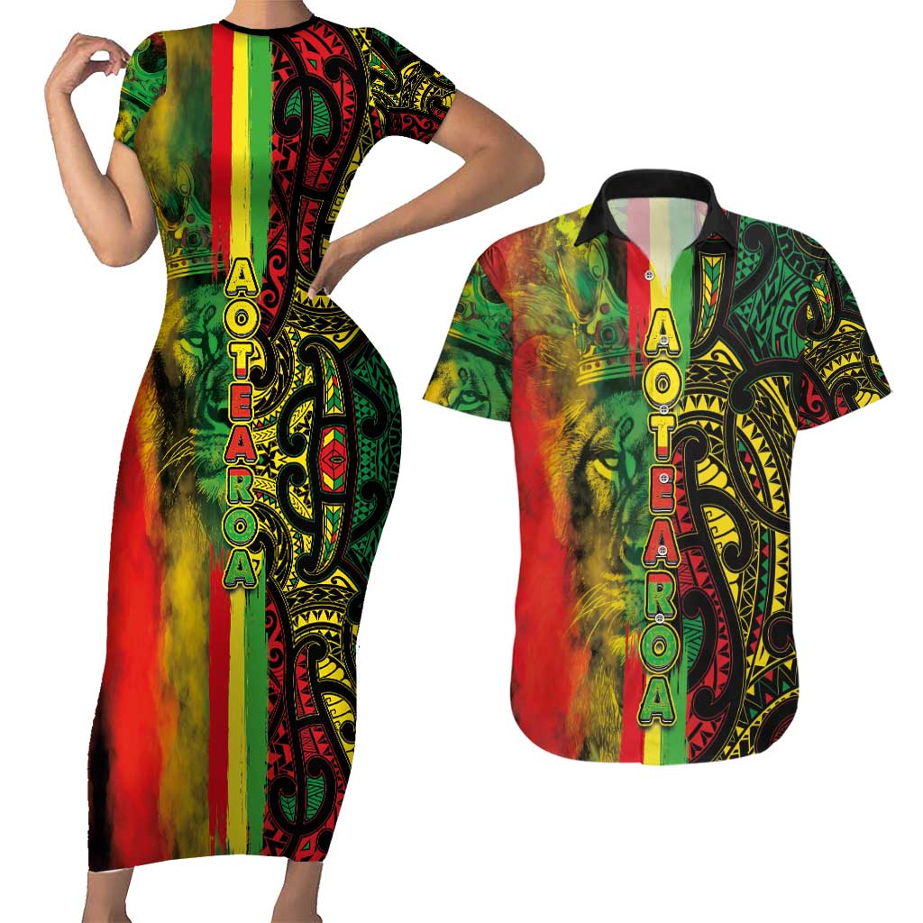 Aotearoa Reggae Couples Matching Short Sleeve Bodycon Dress and Hawaiian Shirt Maori Reggae-One Love LT03 Reggae - Polynesian Pride