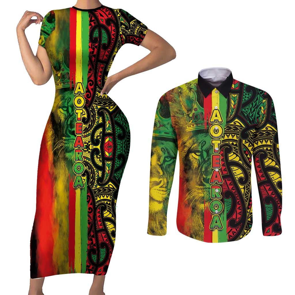 Aotearoa Reggae Couples Matching Short Sleeve Bodycon Dress and Long Sleeve Button Shirt Maori Reggae-One Love LT03 Reggae - Polynesian Pride