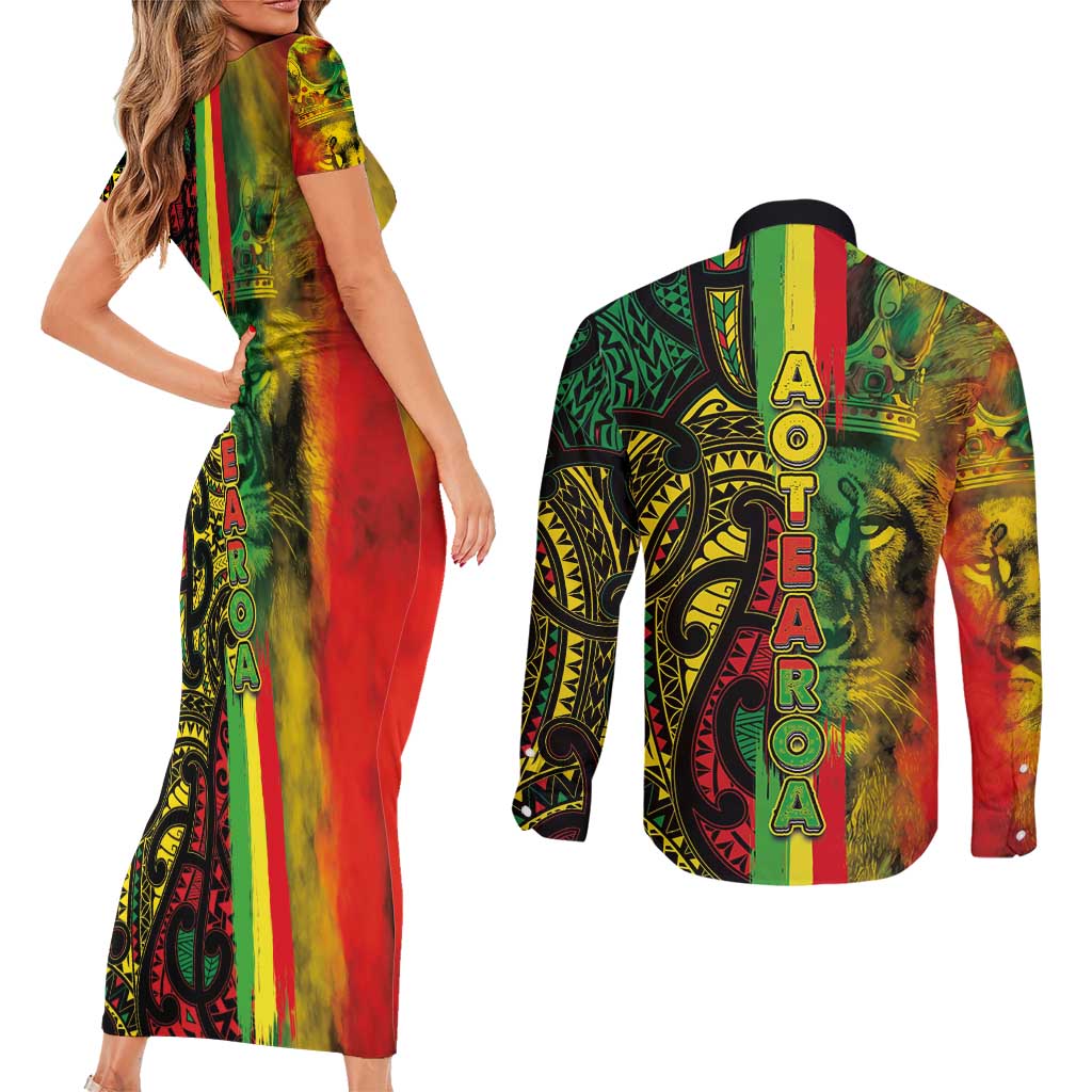 Aotearoa Reggae Couples Matching Short Sleeve Bodycon Dress and Long Sleeve Button Shirt Maori Reggae-One Love LT03 - Polynesian Pride