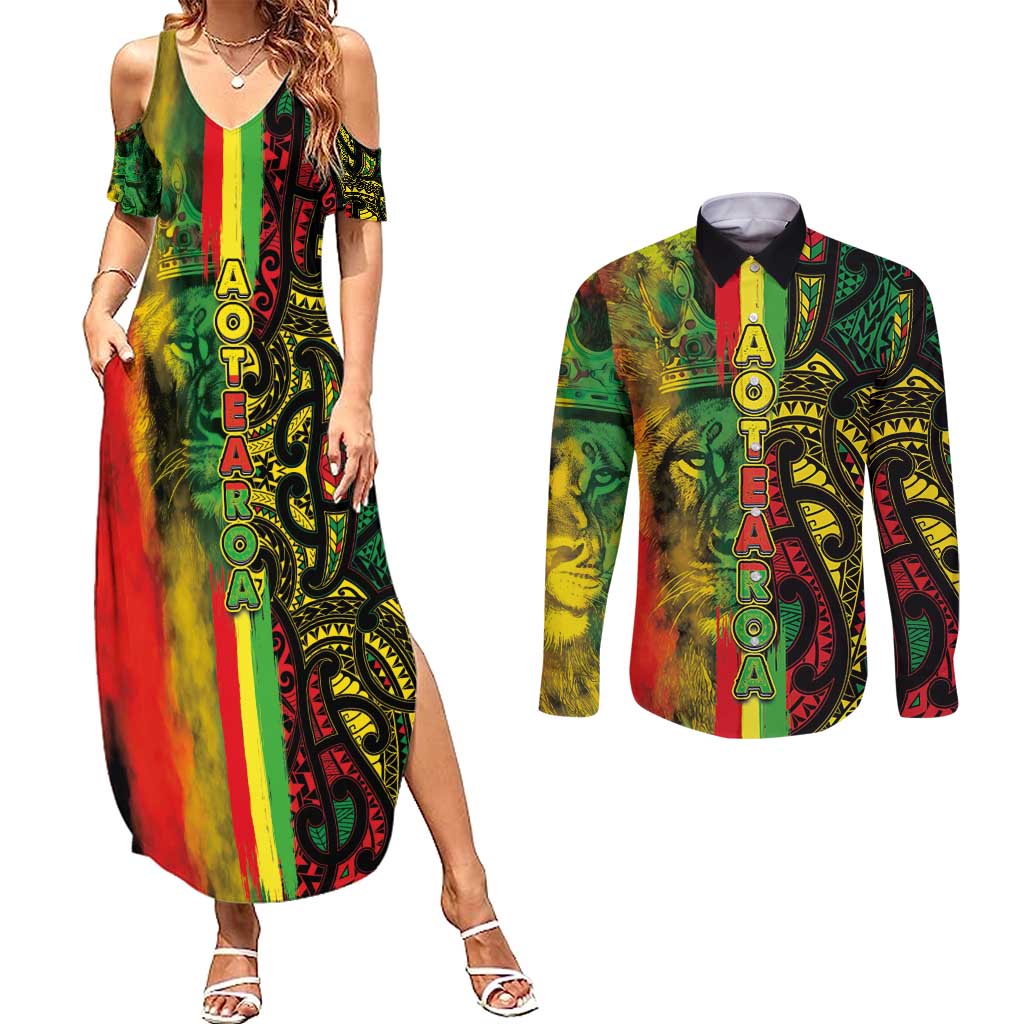 Aotearoa Reggae Couples Matching Summer Maxi Dress and Long Sleeve Button Shirt Maori Reggae-One Love LT03 Reggae - Polynesian Pride
