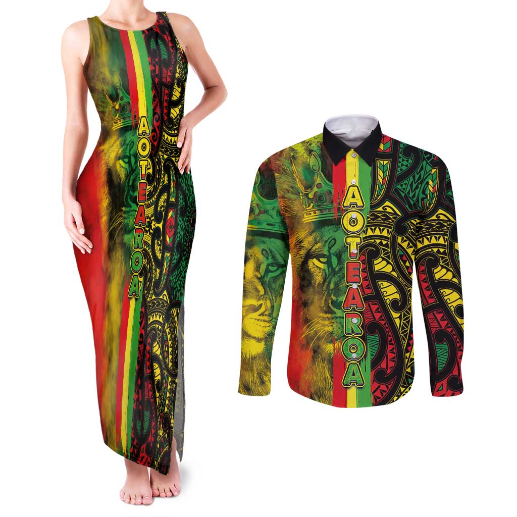 Aotearoa Reggae Couples Matching Tank Maxi Dress and Long Sleeve Button Shirt Maori Reggae-One Love LT03 Reggae - Polynesian Pride
