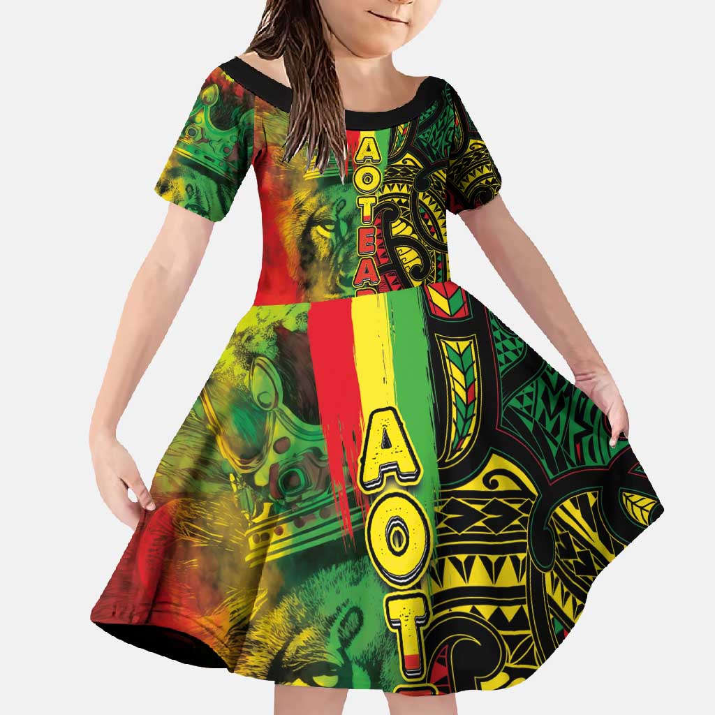 Aotearoa Reggae Family Matching Mermaid Dress and Hawaiian Shirt Maori Reggae-One Love LT03 Daughter's Dress Reggae - Polynesian Pride