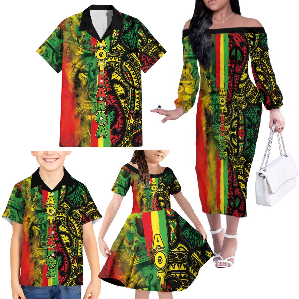Aotearoa Reggae Family Matching Off The Shoulder Long Sleeve Dress and Hawaiian Shirt Maori Reggae-One Love LT03 - Polynesian Pride