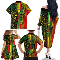Aotearoa Reggae Family Matching Off The Shoulder Long Sleeve Dress and Hawaiian Shirt Maori Reggae-One Love LT03 - Polynesian Pride