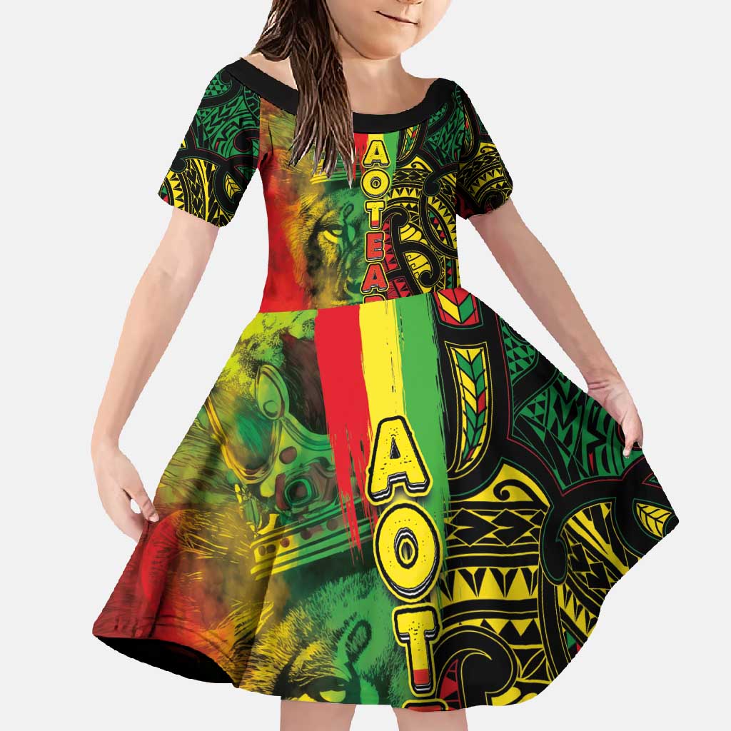 Aotearoa Reggae Family Matching Off Shoulder Maxi Dress and Hawaiian Shirt Maori Reggae-One Love LT03 Daughter's Dress Reggae - Polynesian Pride