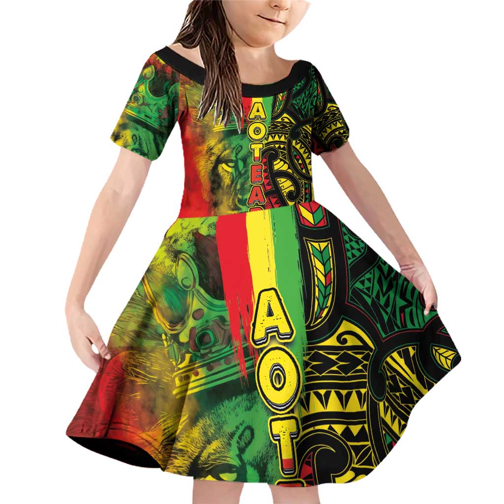 Aotearoa Reggae Family Matching Off Shoulder Short Dress and Hawaiian Shirt Maori Reggae-One Love LT03 Daughter's Dress Reggae - Polynesian Pride