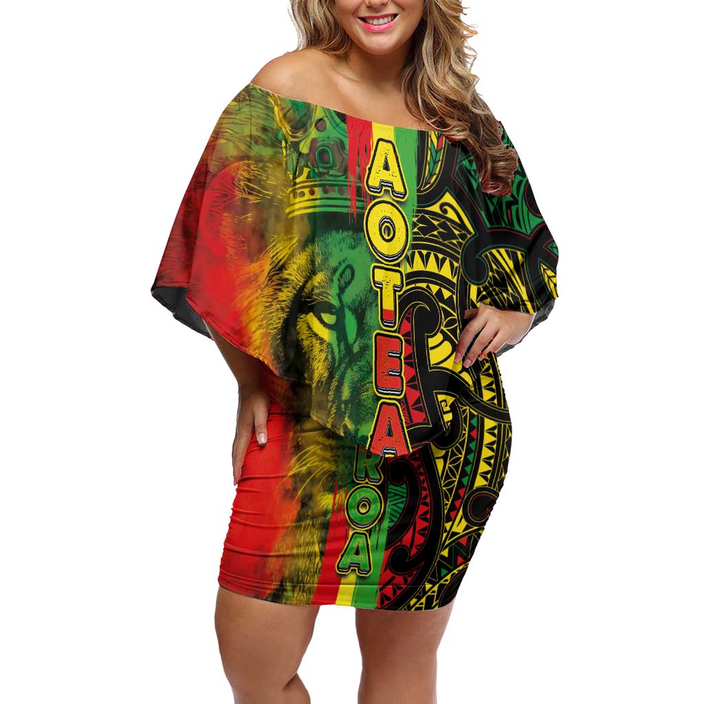 Aotearoa Reggae Family Matching Off Shoulder Short Dress and Hawaiian Shirt Maori Reggae-One Love LT03 Mom's Dress Reggae - Polynesian Pride
