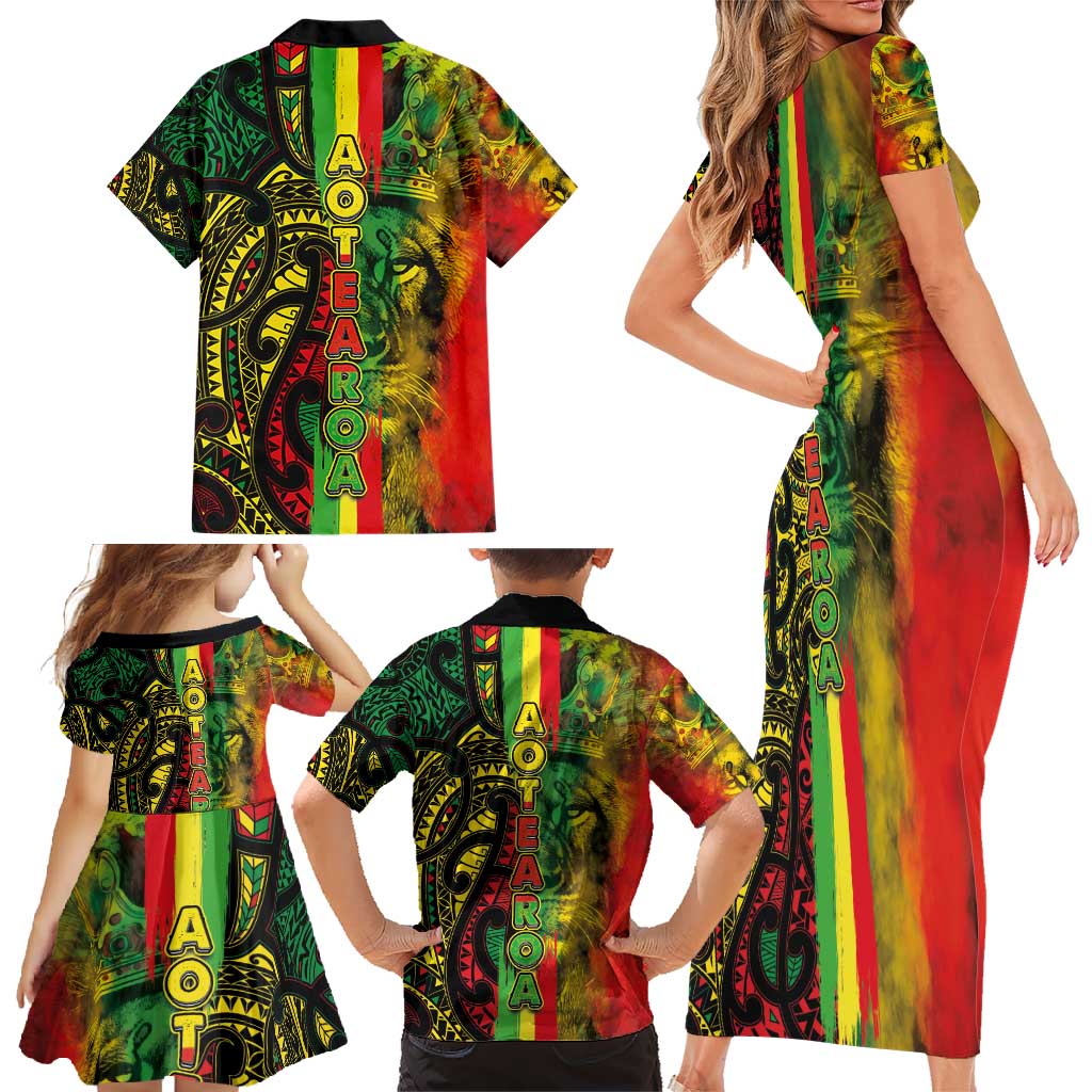 Aotearoa Reggae Family Matching Short Sleeve Bodycon Dress and Hawaiian Shirt Maori Reggae-One Love LT03 - Polynesian Pride
