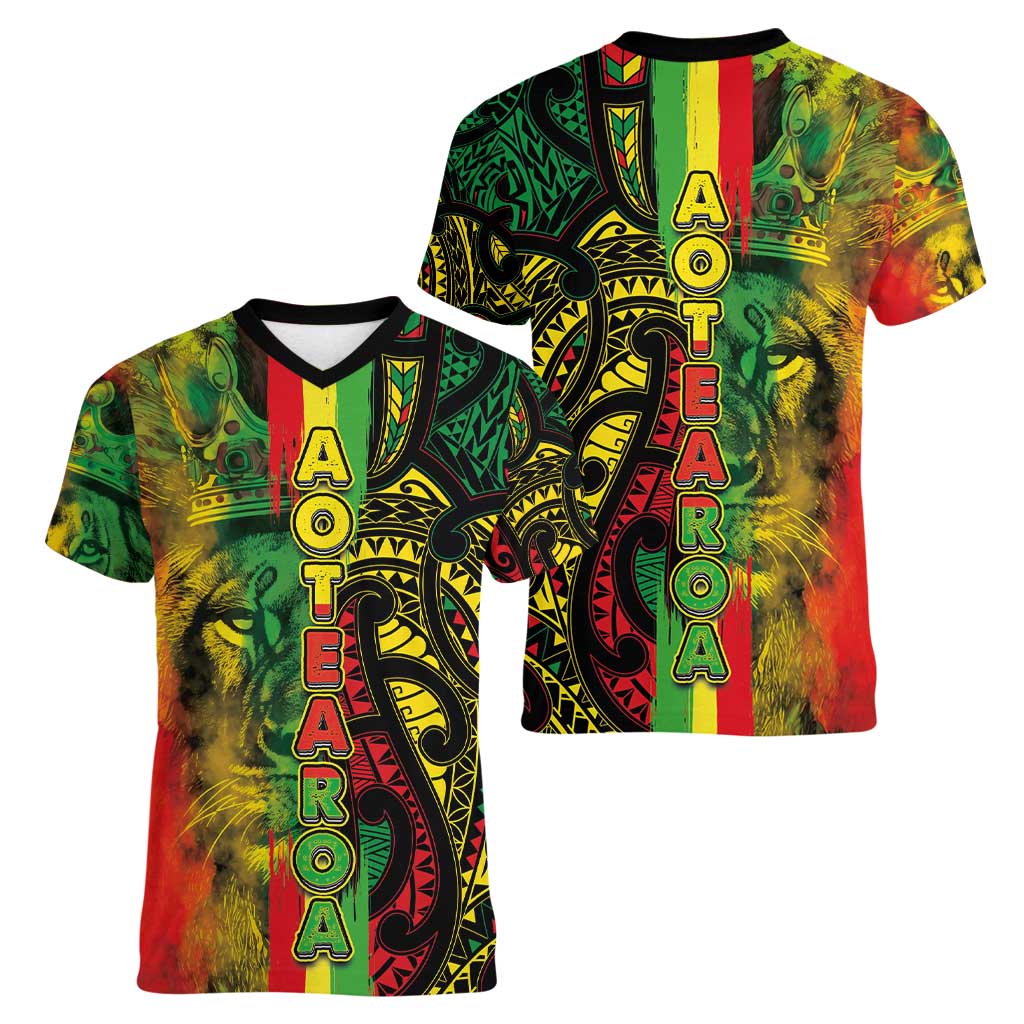 Aotearoa Reggae Women V-Neck T-Shirt Maori Reggae-One Love LT03 - Polynesian Pride