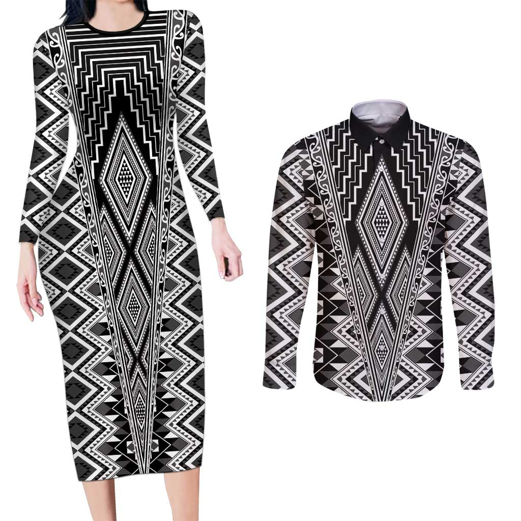 Aotearoa Tukutuku and Poutama Motif Classic Couples Matching Long Sleeve Bodycon Dress and Long Sleeve Button Shirt LT03 Gray - Polynesian Pride