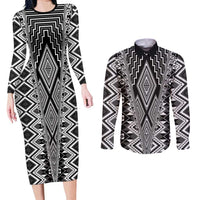 Aotearoa Tukutuku and Poutama Motif Classic Couples Matching Long Sleeve Bodycon Dress and Long Sleeve Button Shirt LT03 Gray - Polynesian Pride