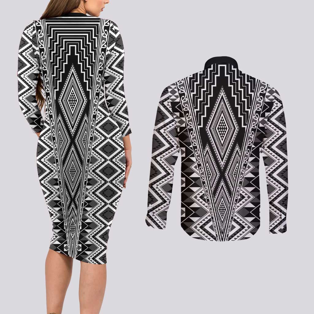 Aotearoa Tukutuku and Poutama Motif Classic Couples Matching Long Sleeve Bodycon Dress and Long Sleeve Button Shirt LT03 - Polynesian Pride