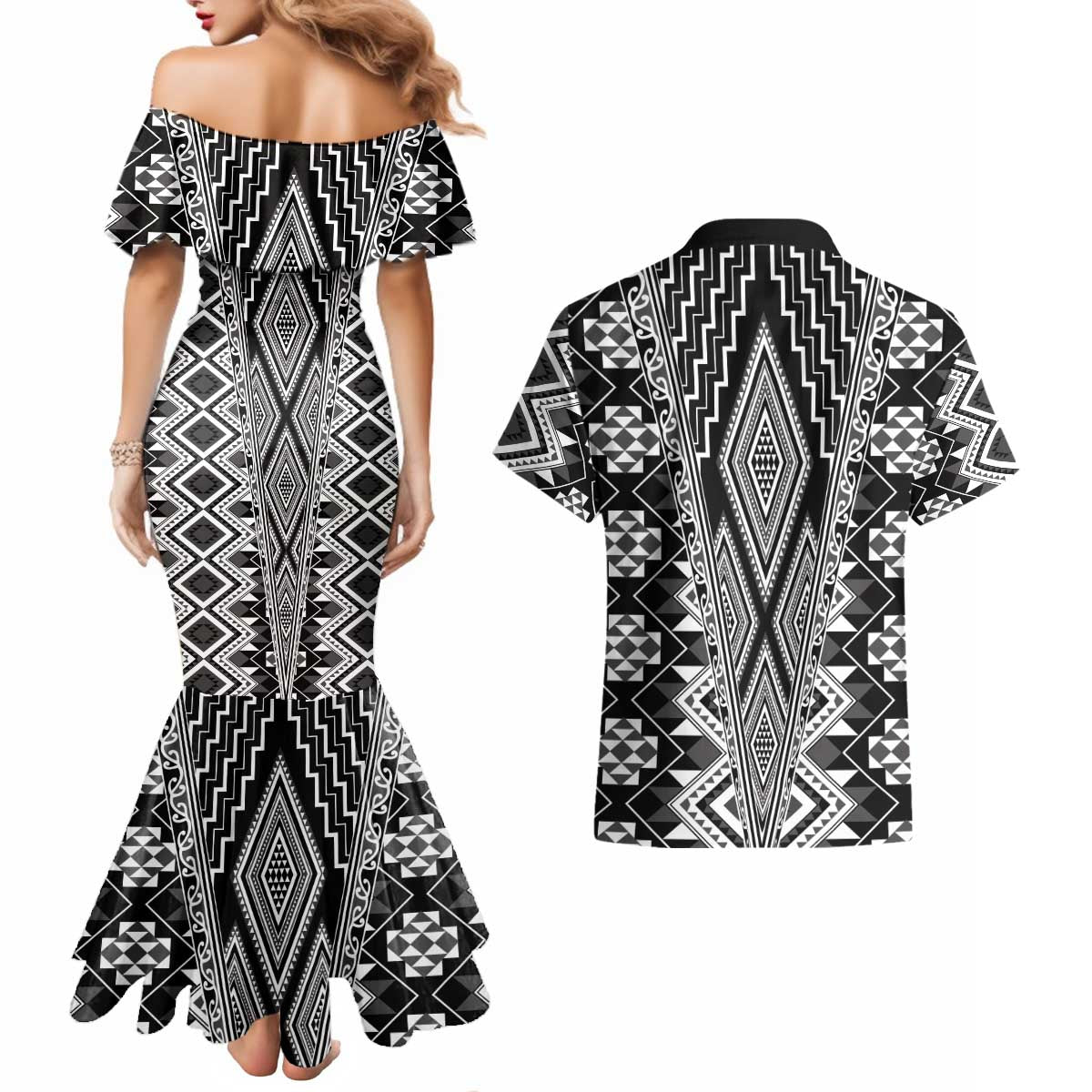 Aotearoa Tukutuku and Poutama Motif Classic Couples Matching Mermaid Dress and Hawaiian Shirt LT03 - Polynesian Pride