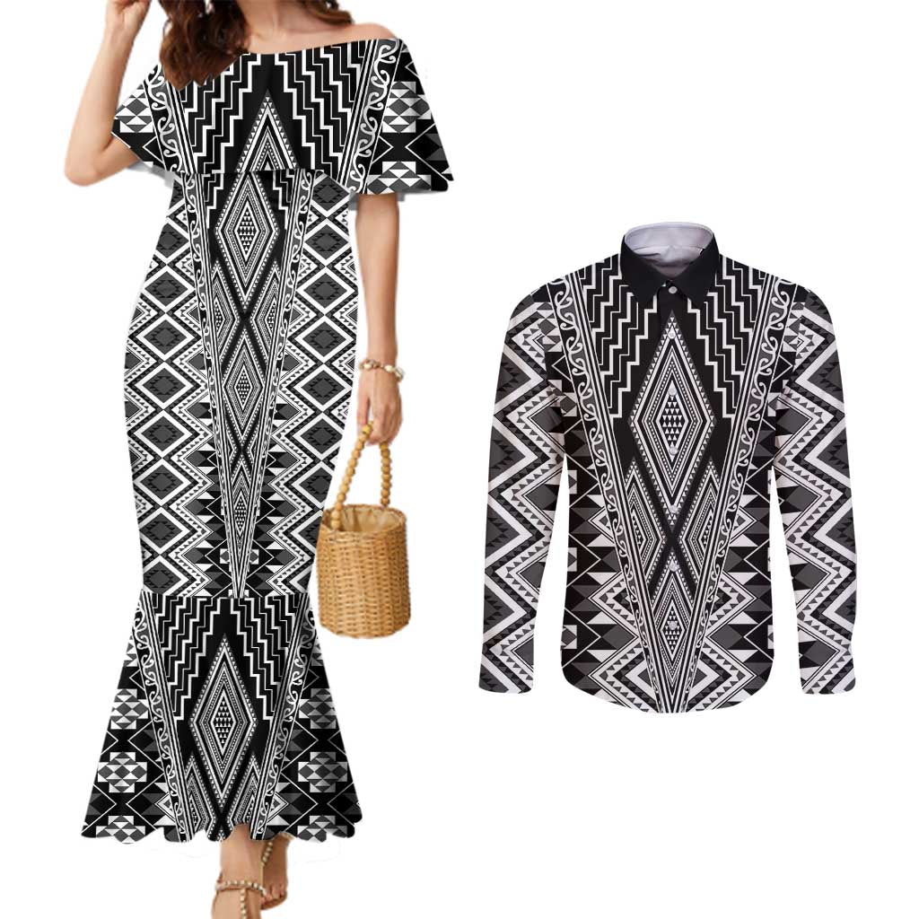 Aotearoa Tukutuku and Poutama Motif Classic Couples Matching Mermaid Dress and Long Sleeve Button Shirt LT03 Gray - Polynesian Pride