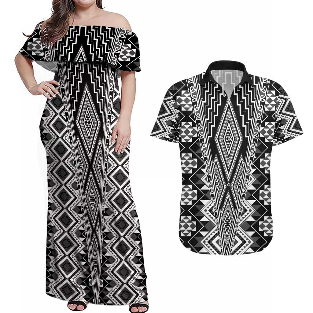 Aotearoa Tukutuku and Poutama Motif Classic Couples Matching Off Shoulder Maxi Dress and Hawaiian Shirt LT03 Gray - Polynesian Pride