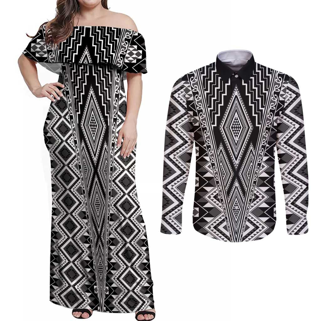 Aotearoa Tukutuku and Poutama Motif Classic Couples Matching Off Shoulder Maxi Dress and Long Sleeve Button Shirt LT03 Gray - Polynesian Pride