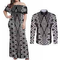 Aotearoa Tukutuku and Poutama Motif Classic Couples Matching Off Shoulder Maxi Dress and Long Sleeve Button Shirt LT03 Gray - Polynesian Pride