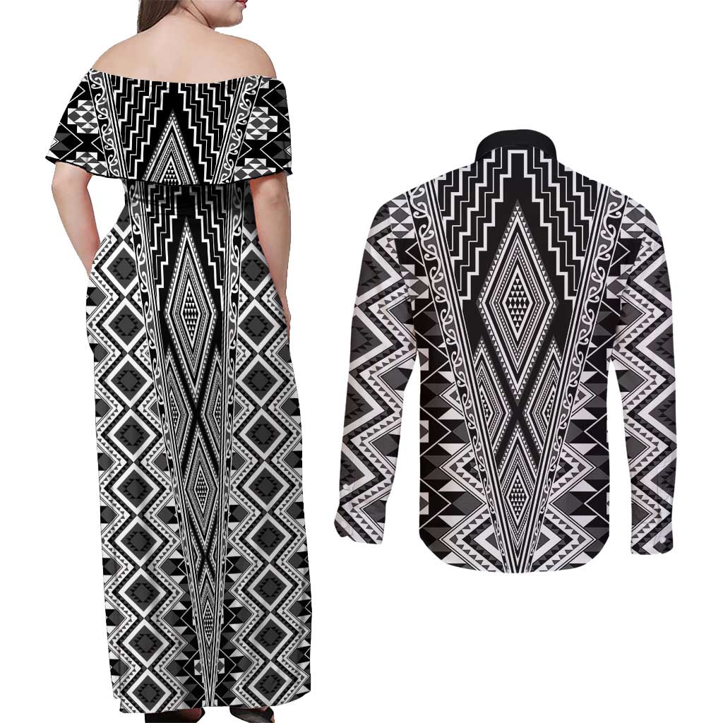 Aotearoa Tukutuku and Poutama Motif Classic Couples Matching Off Shoulder Maxi Dress and Long Sleeve Button Shirt LT03 - Polynesian Pride