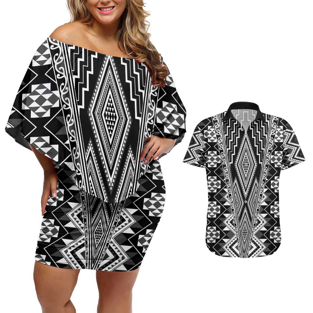Aotearoa Tukutuku and Poutama Motif Classic Couples Matching Off Shoulder Short Dress and Hawaiian Shirt LT03 Gray - Polynesian Pride