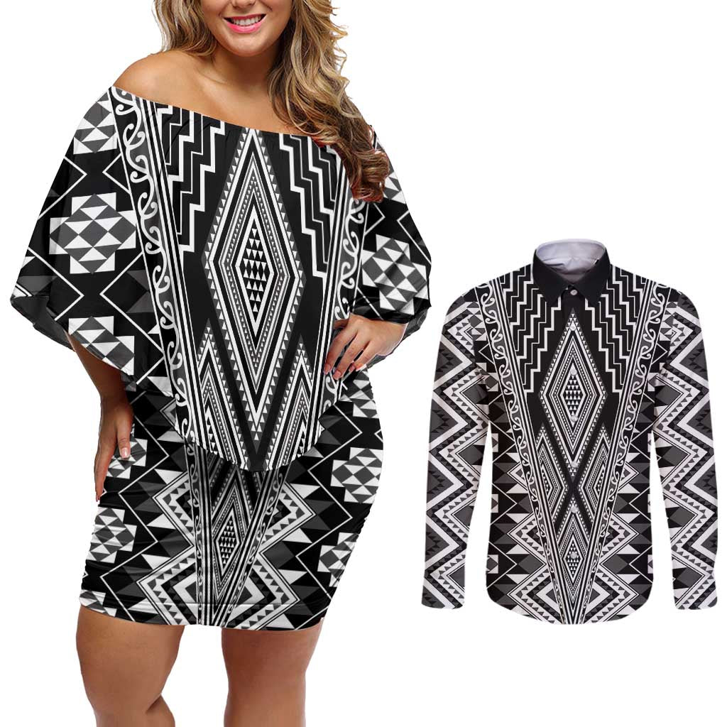 Aotearoa Tukutuku and Poutama Motif Classic Couples Matching Off Shoulder Short Dress and Long Sleeve Button Shirt LT03 Gray - Polynesian Pride