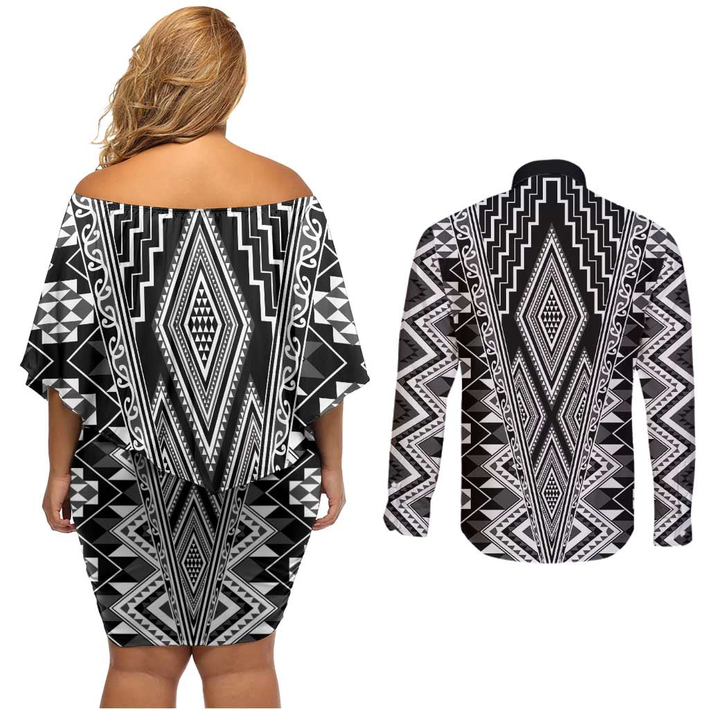 Aotearoa Tukutuku and Poutama Motif Classic Couples Matching Off Shoulder Short Dress and Long Sleeve Button Shirt LT03 - Polynesian Pride