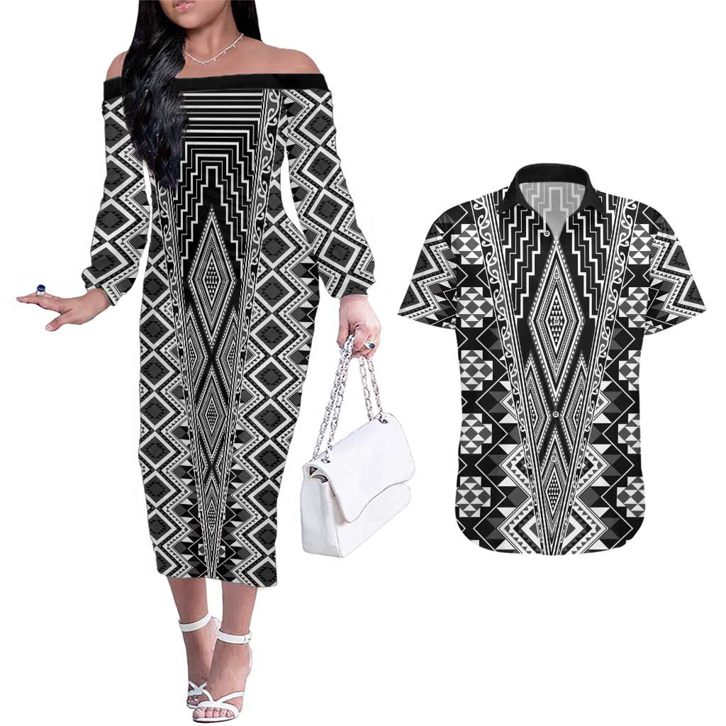 Aotearoa Tukutuku and Poutama Motif Classic Couples Matching Off The Shoulder Long Sleeve Dress and Hawaiian Shirt LT03 Gray - Polynesian Pride