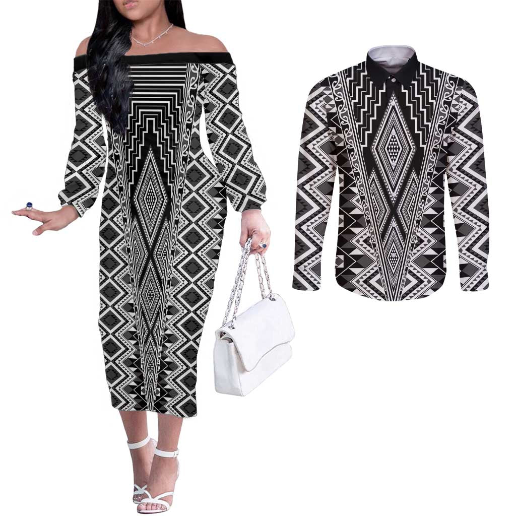 Aotearoa Tukutuku and Poutama Motif Classic Couples Matching Off The Shoulder Long Sleeve Dress and Long Sleeve Button Shirt LT03 Gray - Polynesian Pride
