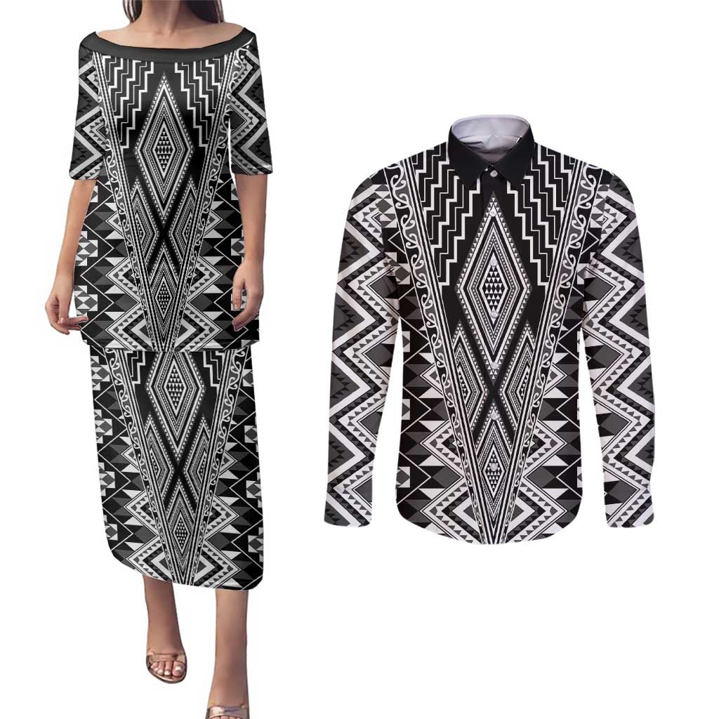 Aotearoa Tukutuku and Poutama Motif Classic Couples Matching Puletasi and Long Sleeve Button Shirt LT03 Gray - Polynesian Pride