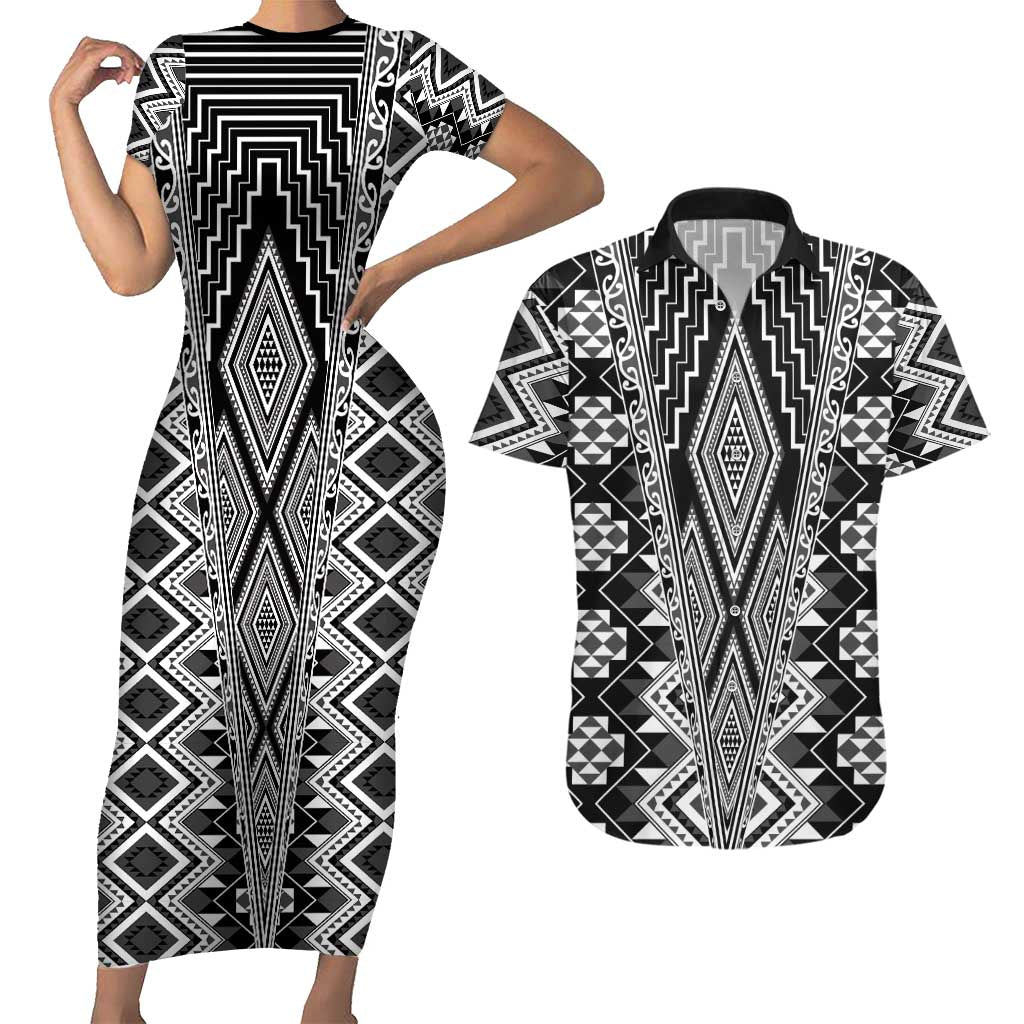 Aotearoa Tukutuku and Poutama Motif Classic Couples Matching Short Sleeve Bodycon Dress and Hawaiian Shirt LT03 Gray - Polynesian Pride