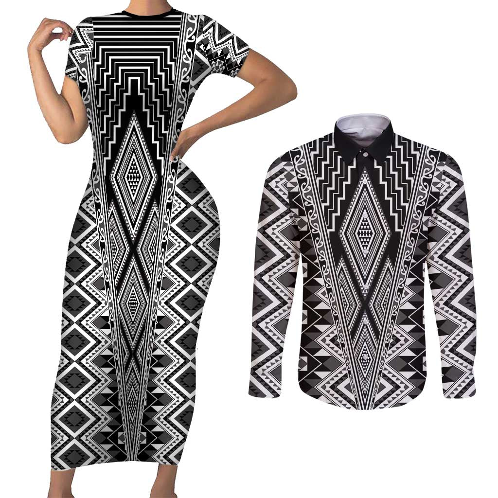 Aotearoa Tukutuku and Poutama Motif Classic Couples Matching Short Sleeve Bodycon Dress and Long Sleeve Button Shirt LT03 Gray - Polynesian Pride