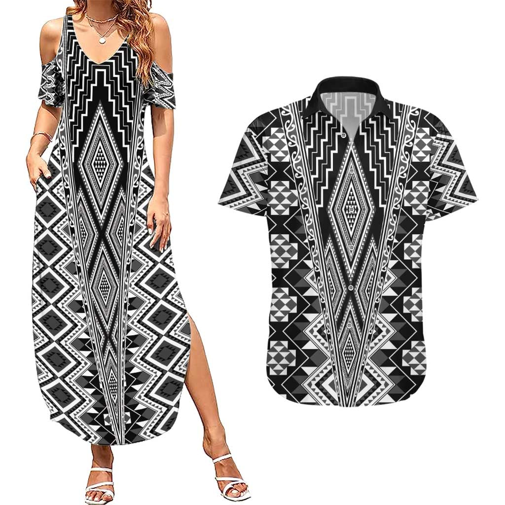 Aotearoa Tukutuku and Poutama Motif Classic Couples Matching Summer Maxi Dress and Hawaiian Shirt LT03 Gray - Polynesian Pride