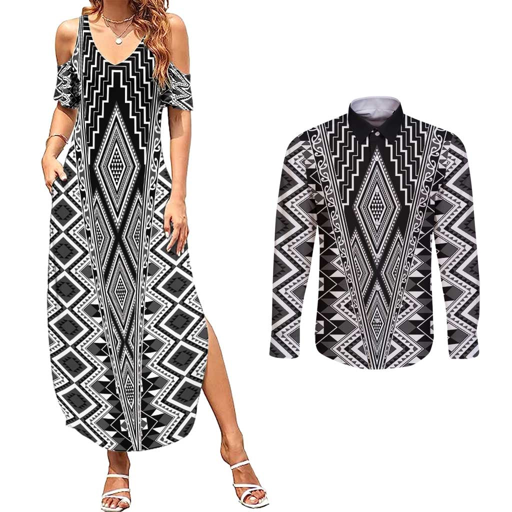 Aotearoa Tukutuku and Poutama Motif Classic Couples Matching Summer Maxi Dress and Long Sleeve Button Shirt LT03 Gray - Polynesian Pride