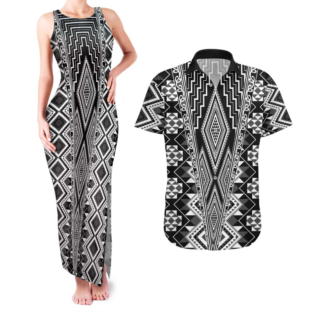 Aotearoa Tukutuku and Poutama Motif Classic Couples Matching Tank Maxi Dress and Hawaiian Shirt LT03 Gray - Polynesian Pride