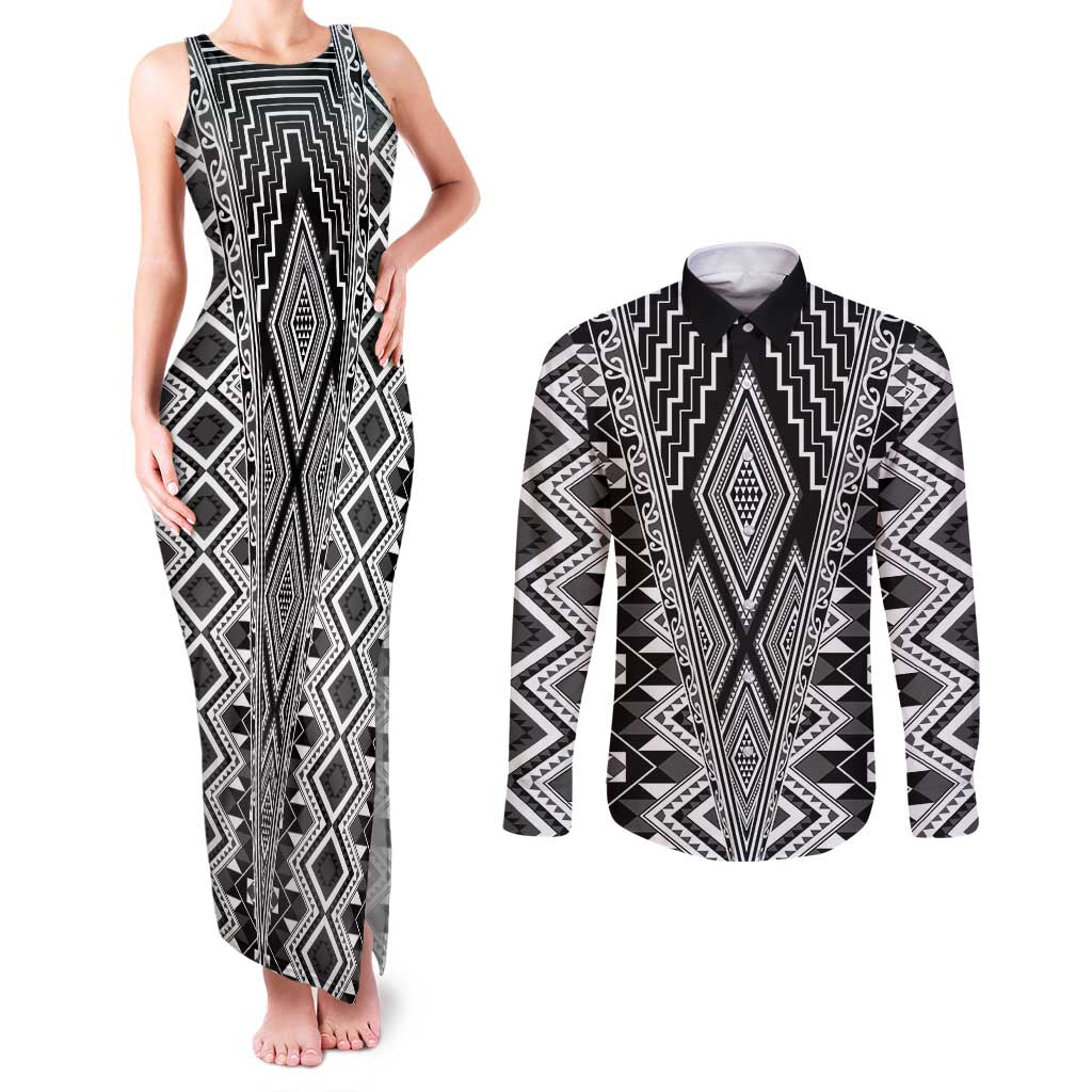 Aotearoa Tukutuku and Poutama Motif Classic Couples Matching Tank Maxi Dress and Long Sleeve Button Shirt LT03 Gray - Polynesian Pride