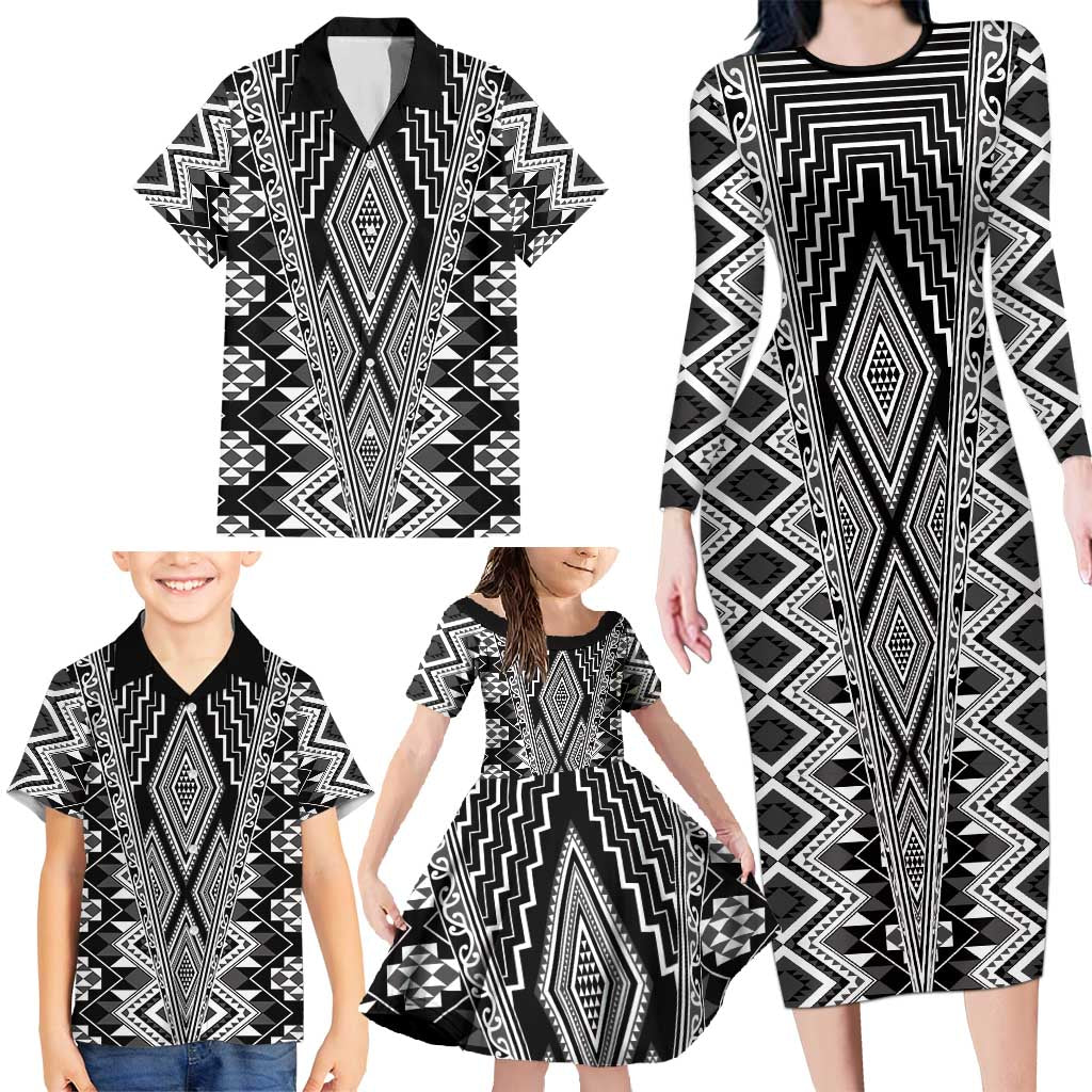 Aotearoa Tukutuku and Poutama Motif Classic Family Matching Long Sleeve Bodycon Dress and Hawaiian Shirt LT03 - Polynesian Pride
