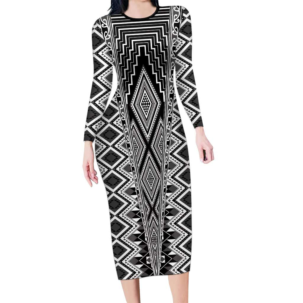 Aotearoa Tukutuku and Poutama Motif Classic Family Matching Long Sleeve Bodycon Dress and Hawaiian Shirt LT03 Mom's Dress Gray - Polynesian Pride