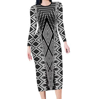 Aotearoa Tukutuku and Poutama Motif Classic Family Matching Long Sleeve Bodycon Dress and Hawaiian Shirt LT03 Mom's Dress Gray - Polynesian Pride