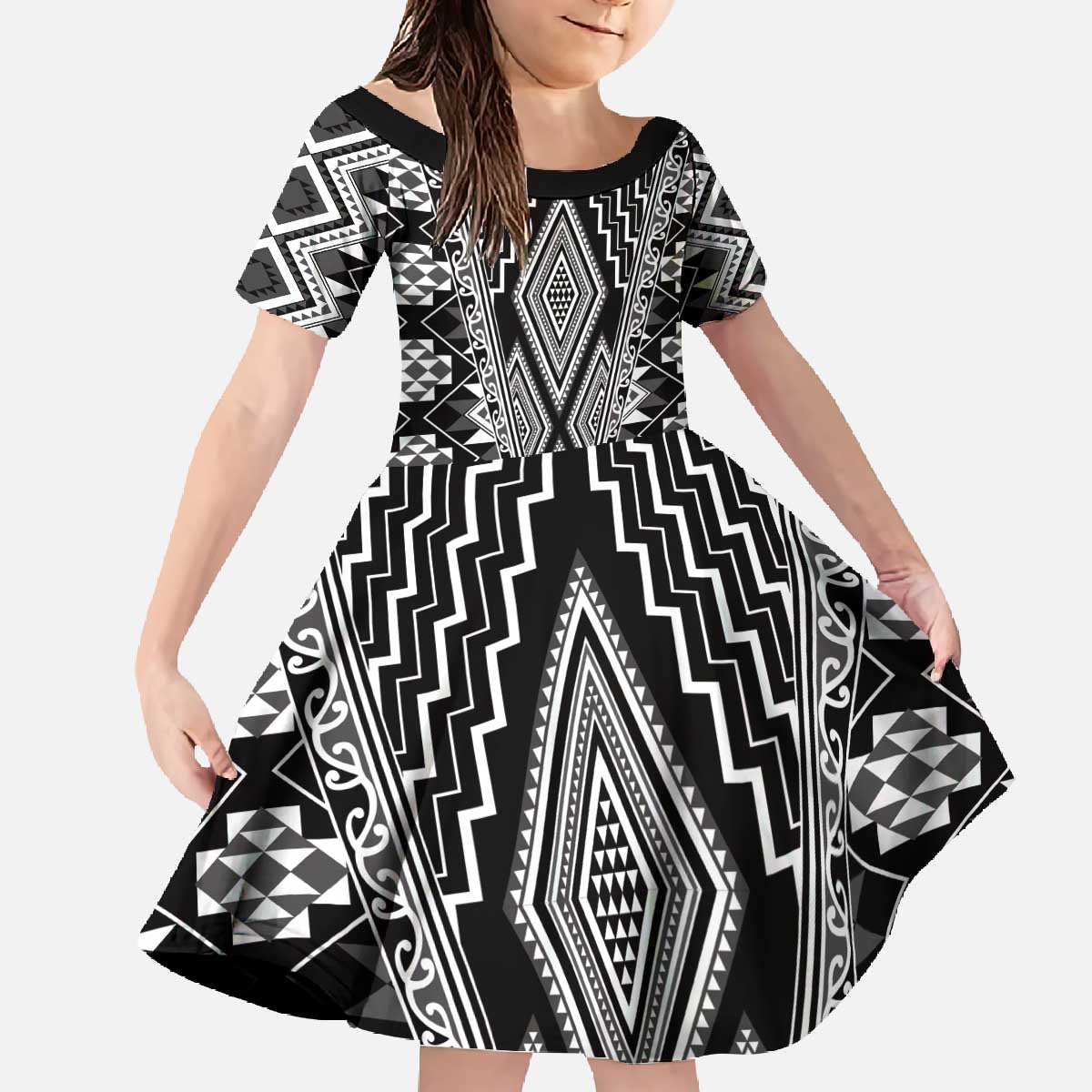 Aotearoa Tukutuku and Poutama Motif Classic Family Matching Off The Shoulder Long Sleeve Dress and Hawaiian Shirt LT03 Daughter's Dress Gray - Polynesian Pride