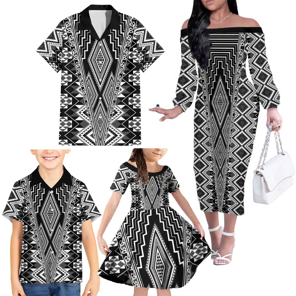 Aotearoa Tukutuku and Poutama Motif Classic Family Matching Off The Shoulder Long Sleeve Dress and Hawaiian Shirt LT03 - Polynesian Pride