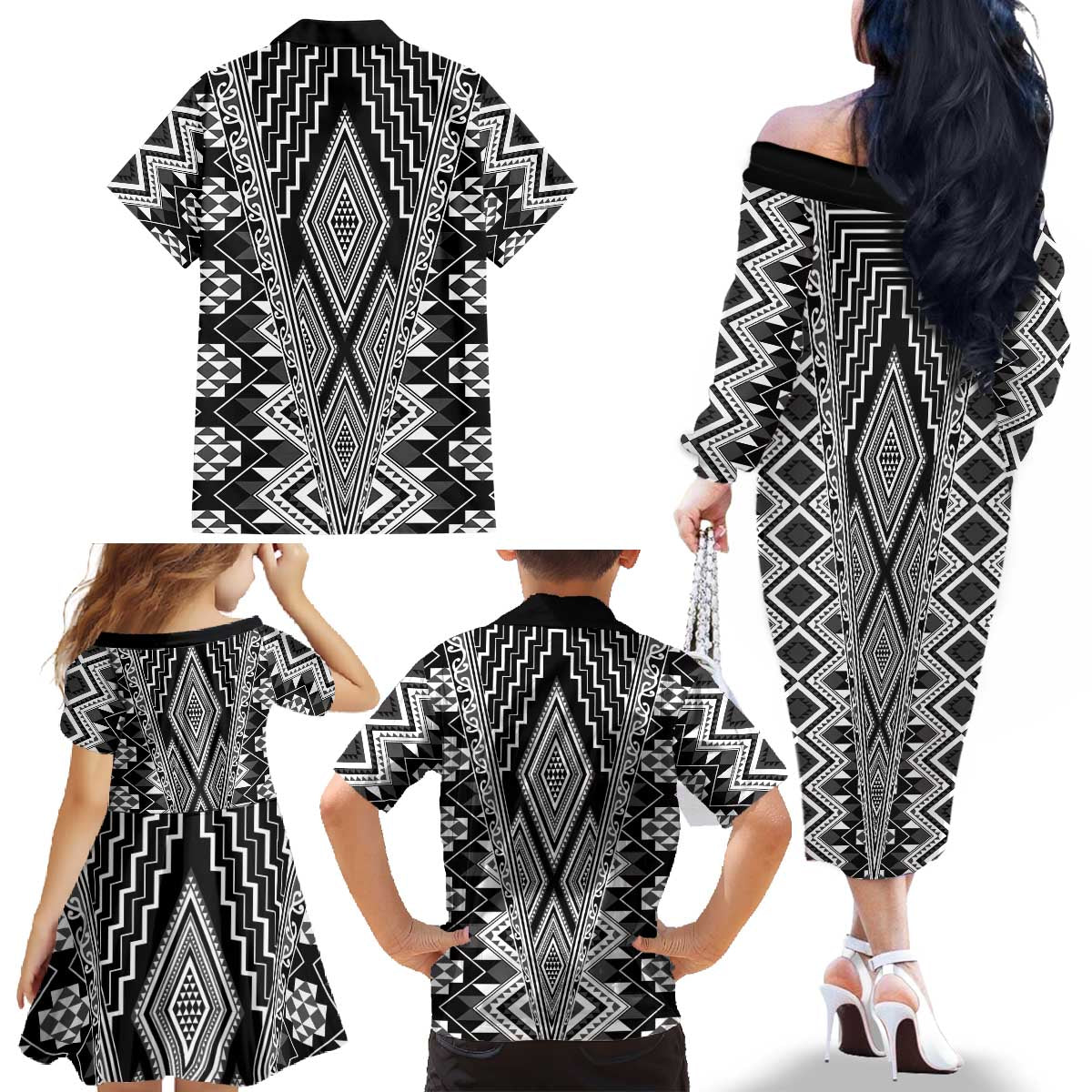 Aotearoa Tukutuku and Poutama Motif Classic Family Matching Off The Shoulder Long Sleeve Dress and Hawaiian Shirt LT03 - Polynesian Pride