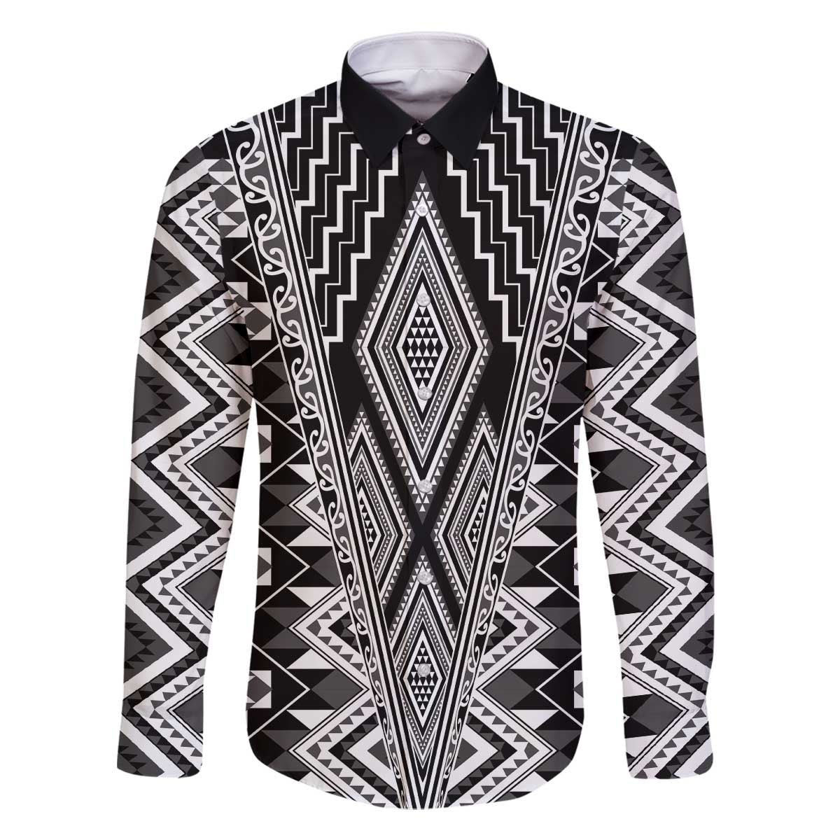 Aotearoa Tukutuku and Poutama Motif Classic Family Matching Off The Shoulder Long Sleeve Dress and Hawaiian Shirt LT03 Dad's Shirt - Long Sleeve Gray - Polynesian Pride