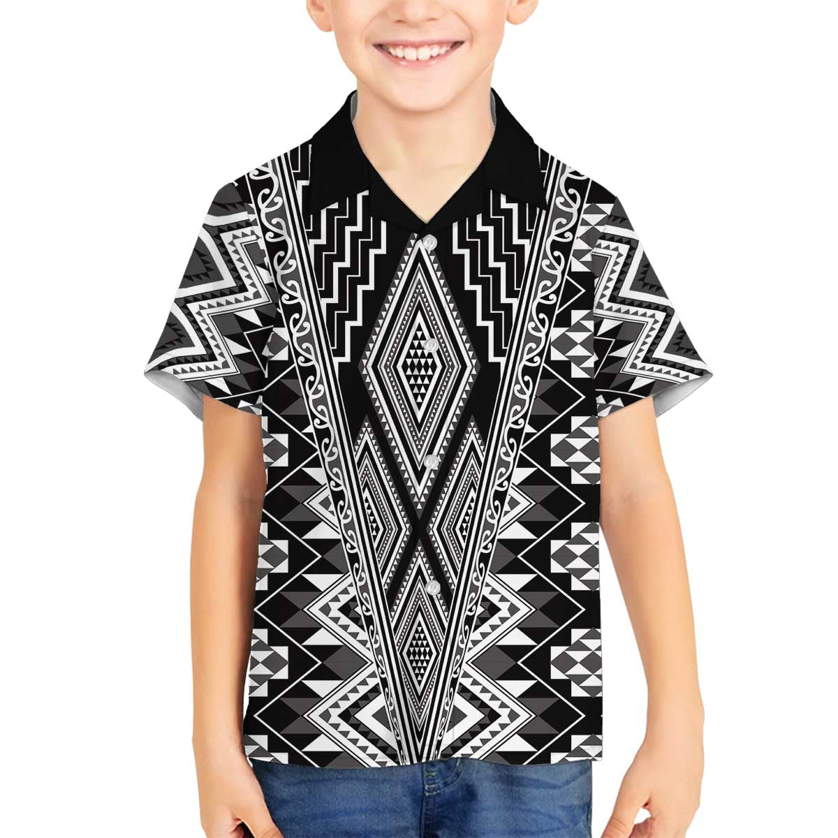 Aotearoa Tukutuku and Poutama Motif Classic Family Matching Off The Shoulder Long Sleeve Dress and Hawaiian Shirt LT03 Son's Shirt Gray - Polynesian Pride
