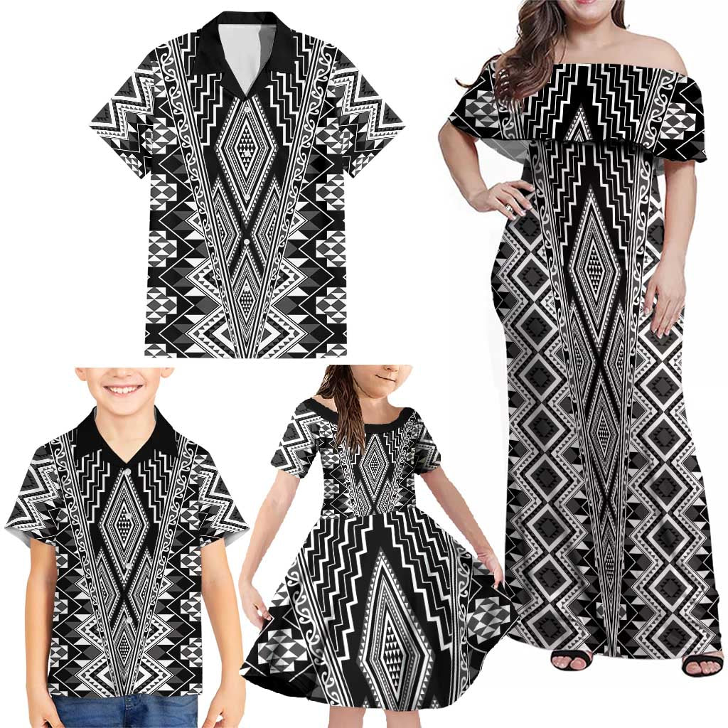 Aotearoa Tukutuku and Poutama Motif Classic Family Matching Off Shoulder Maxi Dress and Hawaiian Shirt LT03 - Polynesian Pride