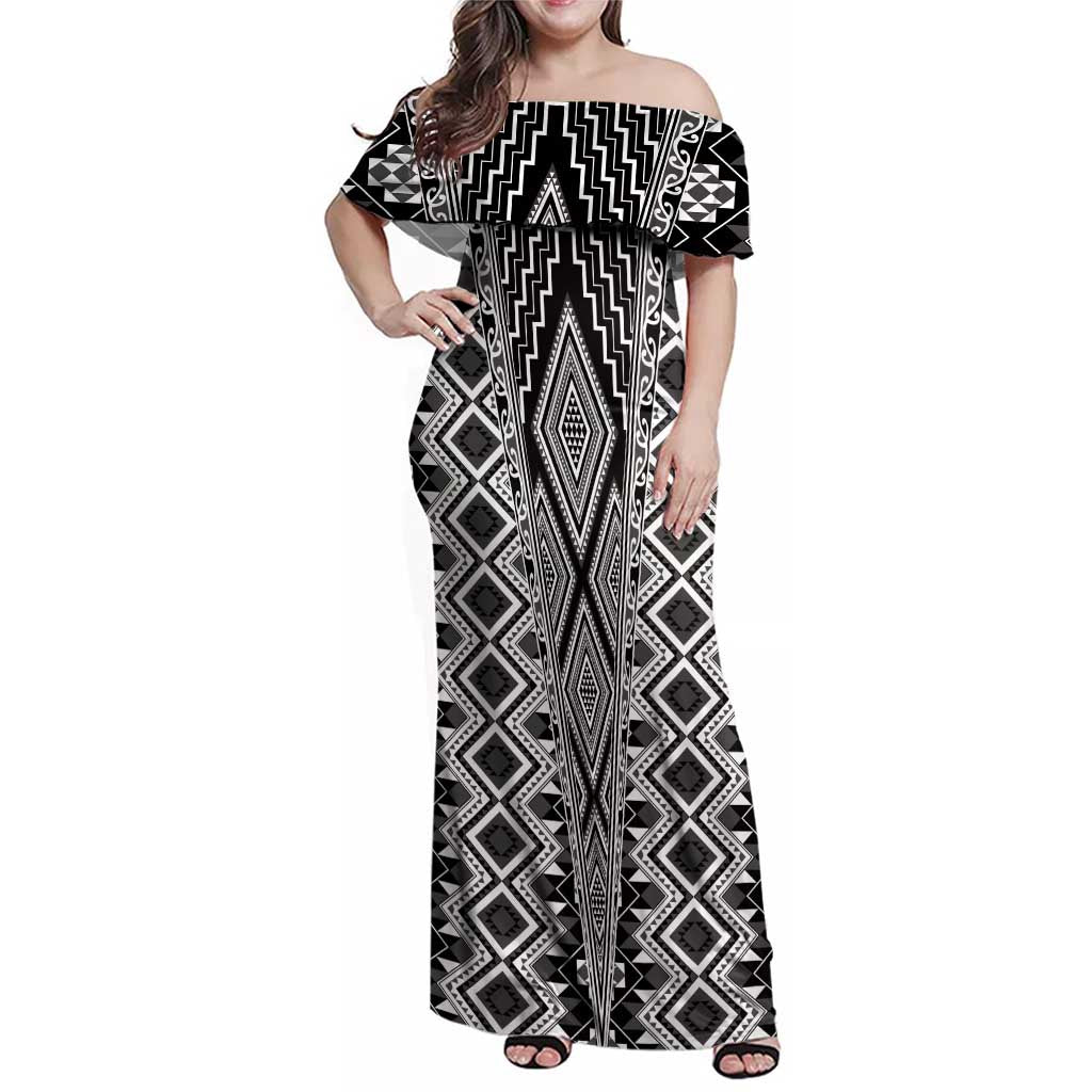 Aotearoa Tukutuku and Poutama Motif Classic Family Matching Off Shoulder Maxi Dress and Hawaiian Shirt LT03 Mom's Dress Gray - Polynesian Pride