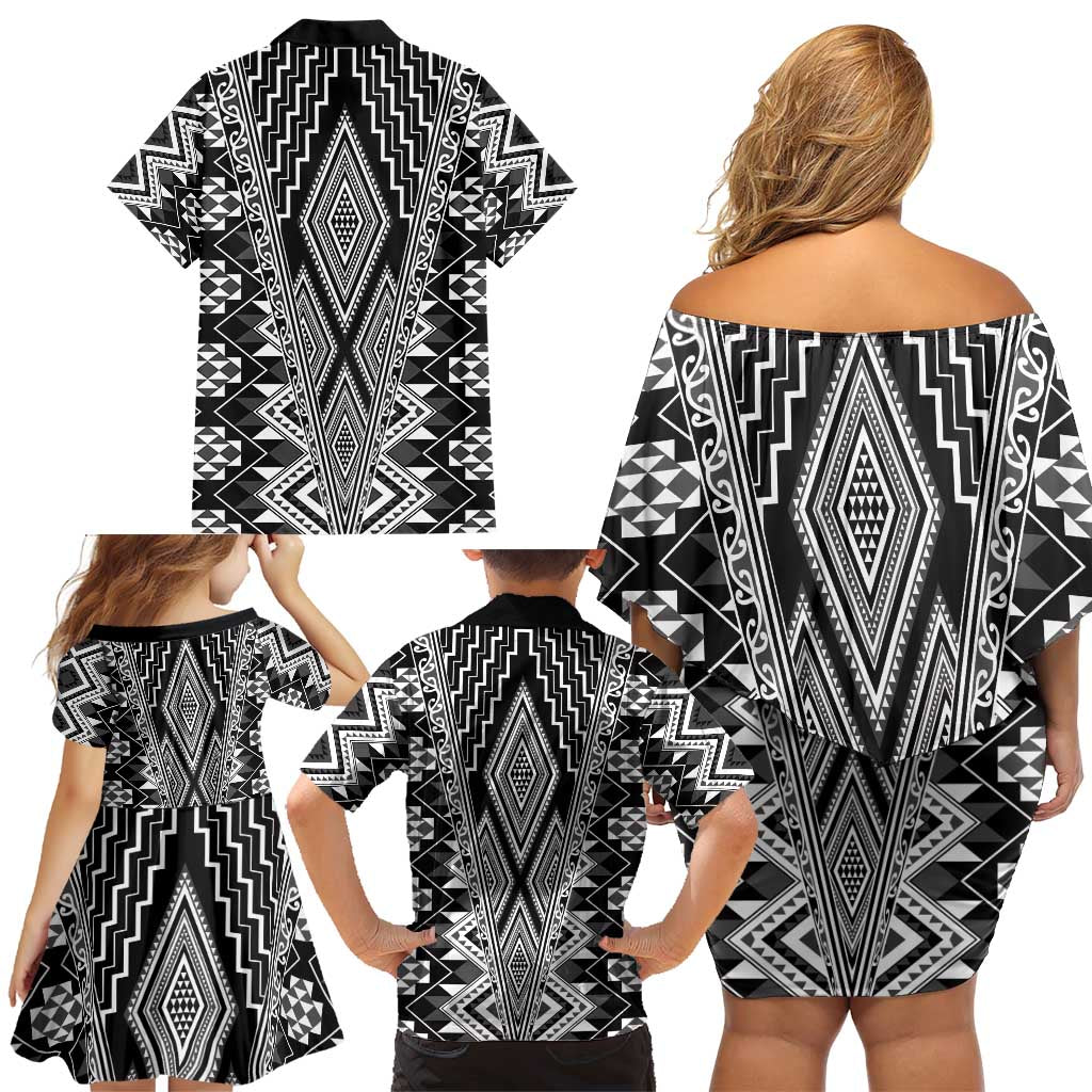 Aotearoa Tukutuku and Poutama Motif Classic Family Matching Off Shoulder Short Dress and Hawaiian Shirt LT03 - Polynesian Pride