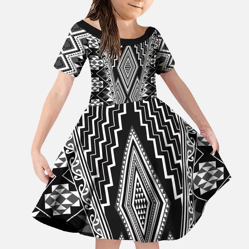 Aotearoa Tukutuku and Poutama Motif Classic Family Matching Short Sleeve Bodycon Dress and Hawaiian Shirt LT03 Daughter's Dress Gray - Polynesian Pride